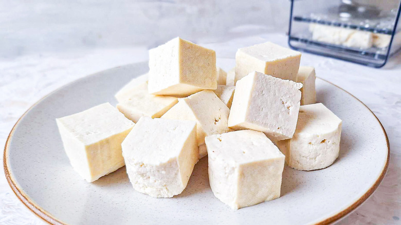 Pressed tofu cubes on plate