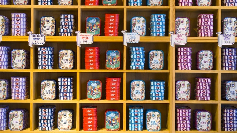 Shelves filled with fancy canned seafood