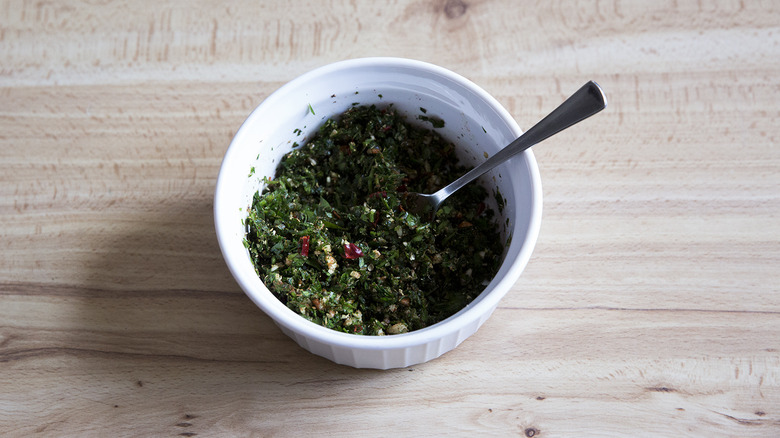 partially made chimichurri in bowl