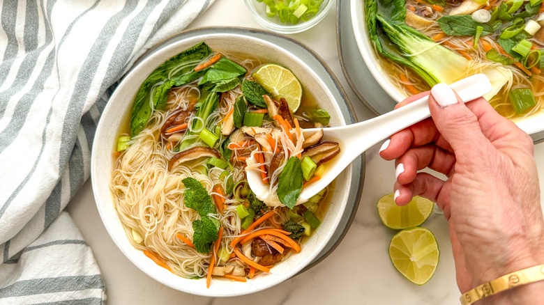 hand holding spoon over bowl of vegetable pho