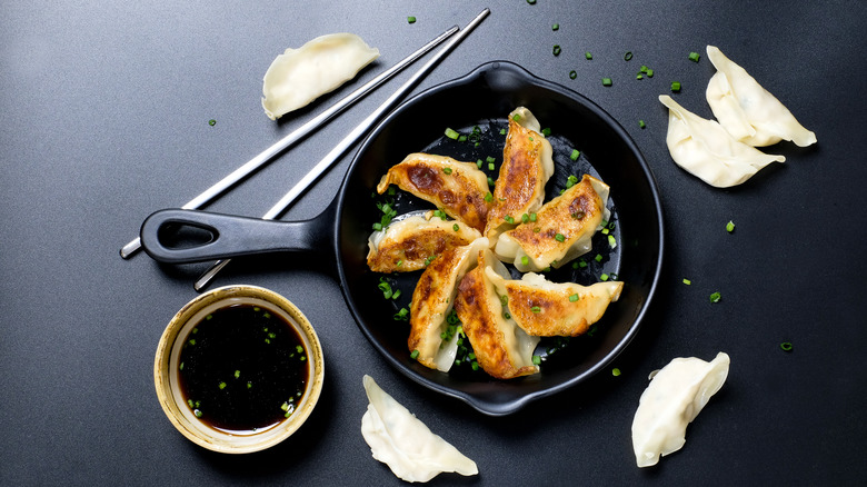 Gyoza in a cast-iron pan