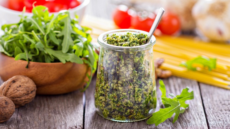 Arugula pesto in glass jar