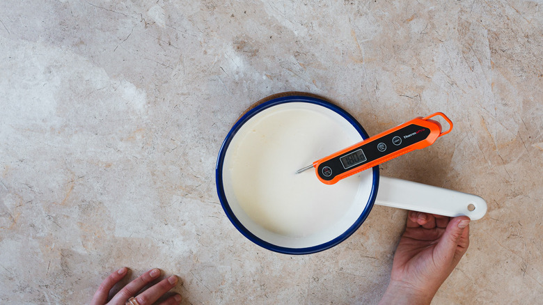 Thermometer in saucepan with creamer