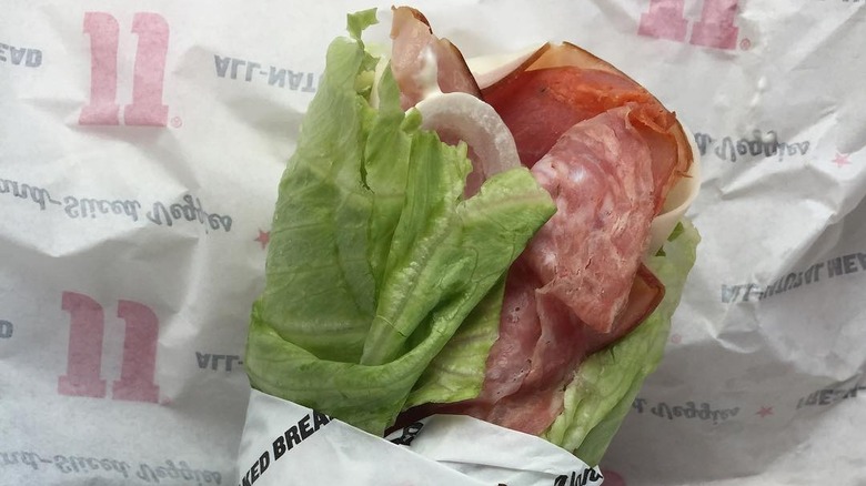 Salami sandwich wrapped in lettuce