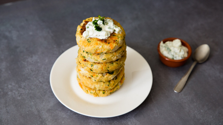 stacked tuna patties on table