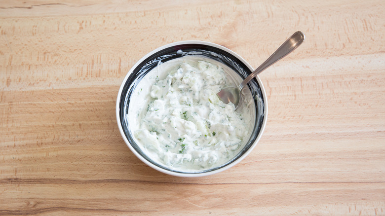 cucumber yogurt sauce in bowl