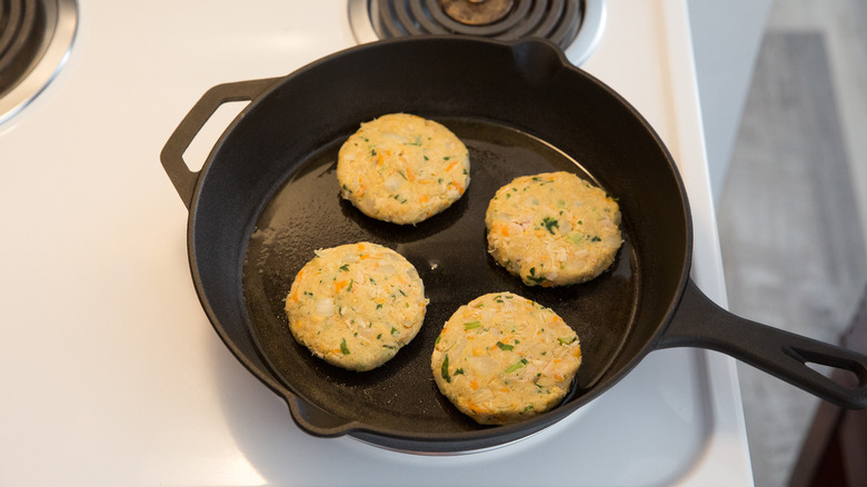 tuna chickpea patties in pan