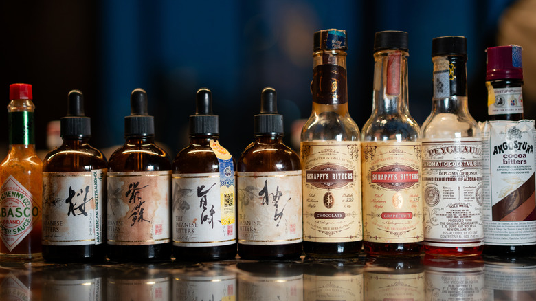 bitters bottles in a row