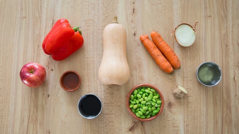 vegetable fried rice ingredients on wood table