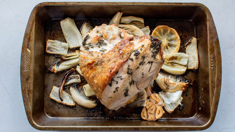 cooked turkey breast in pan