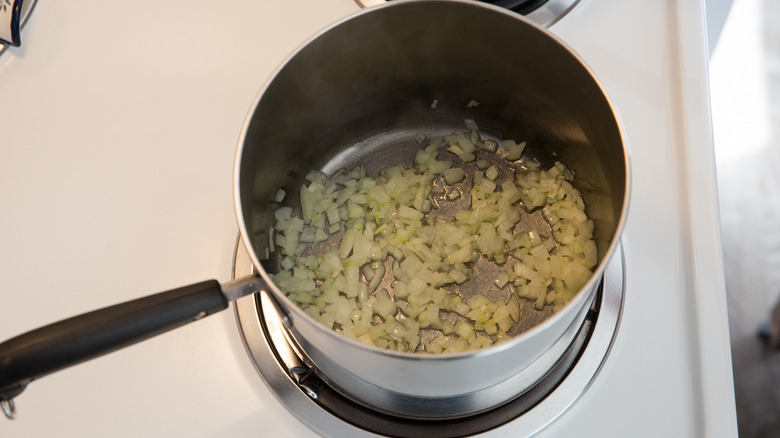 onions sauteeing in saucepan 