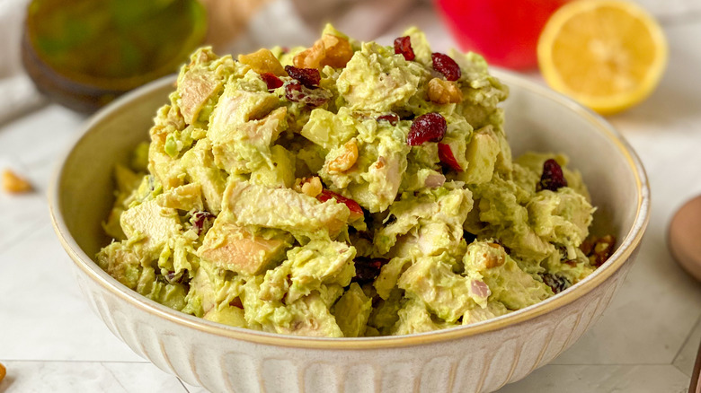 avocado chicken salad in a shallow bowl