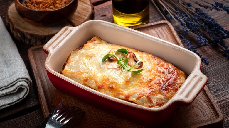 a casserole in a ceramic baking dish