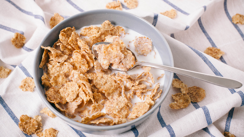 A bowl of milk and cereal