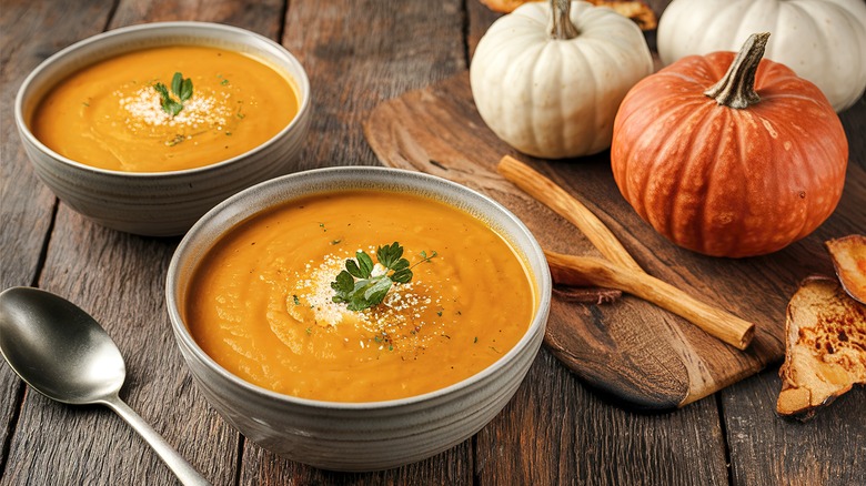 Creamy pumpkin soup and pumpkins