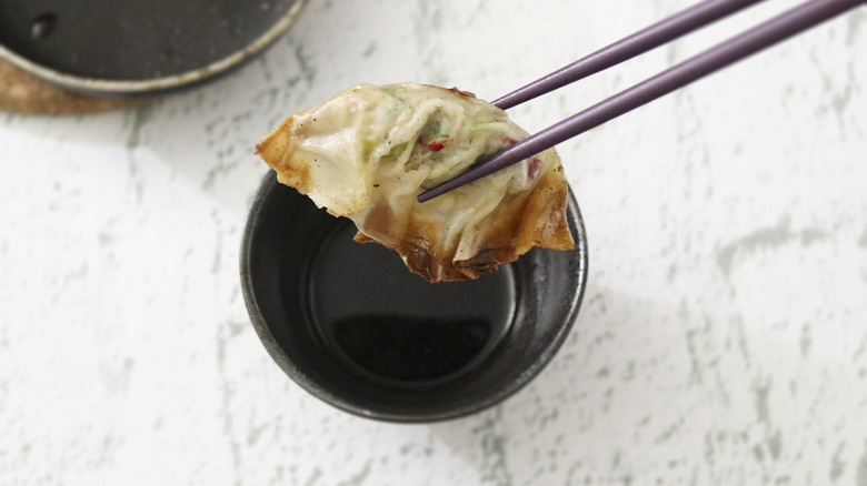 gyoza dipped in soy sauce