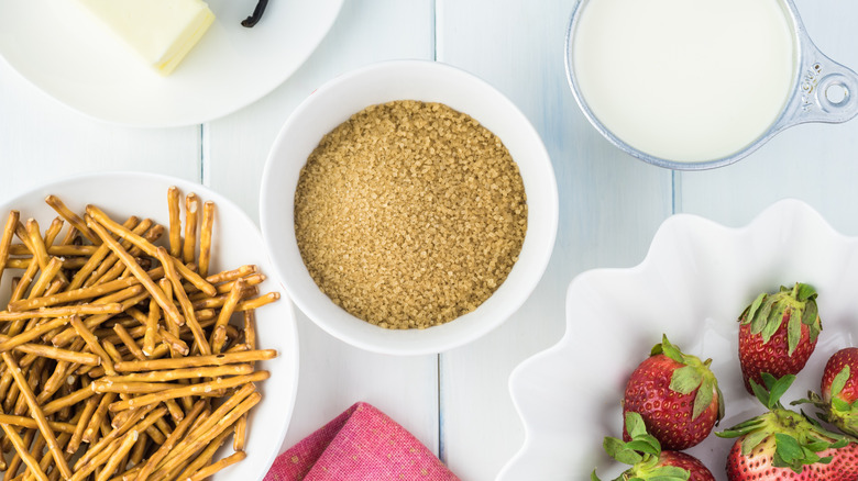 ingredients for strawberry cheesecake with pretzel crust