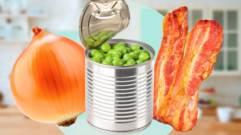 Canned peas, onion, and bacon