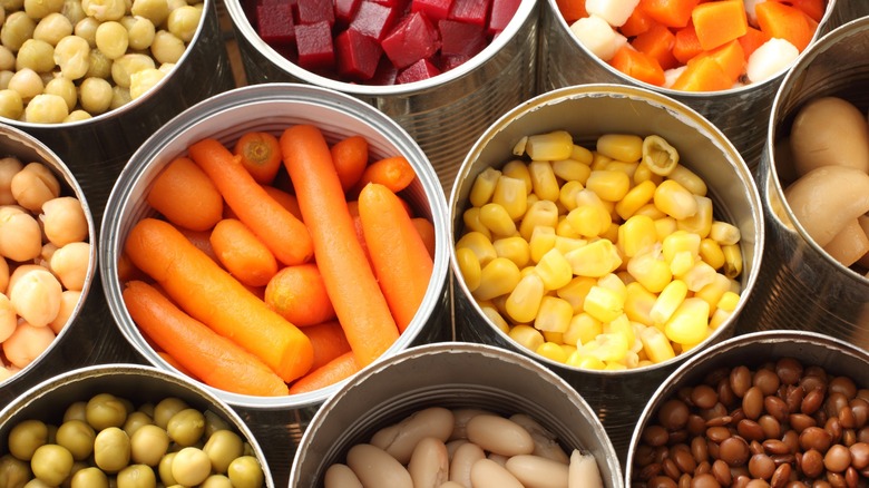 Top-down view of various canned vegetables