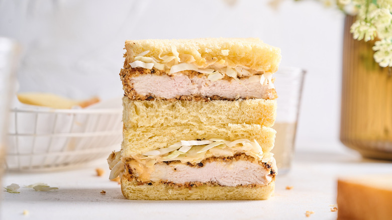 chicken katsu sandwich stacked on table