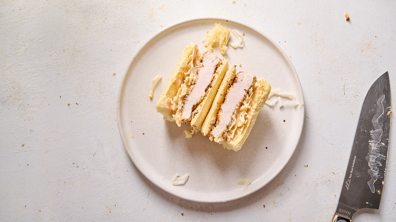 chicken katsu sandwich sliced in half