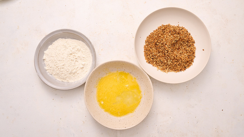 eggs, flour, and panko in bowls