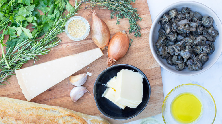 snails, shallots, parmesan, garlic, oil and herbs for homemade escargot