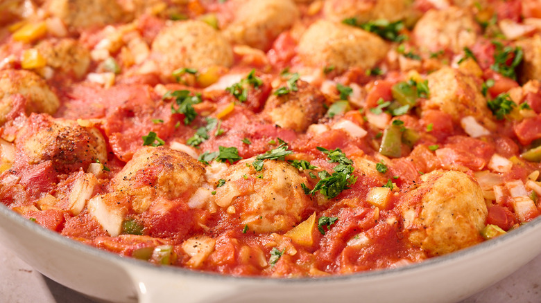 meatballs and orzo baked in pot