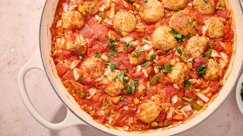 chicken and orzo bake in pot