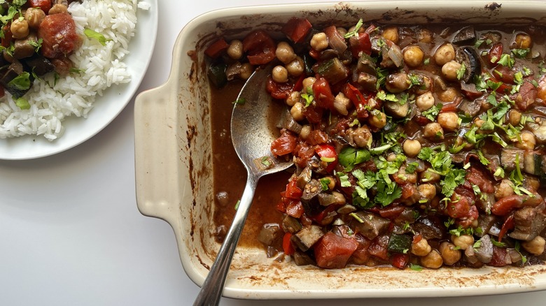 vegetable casserole in white pan