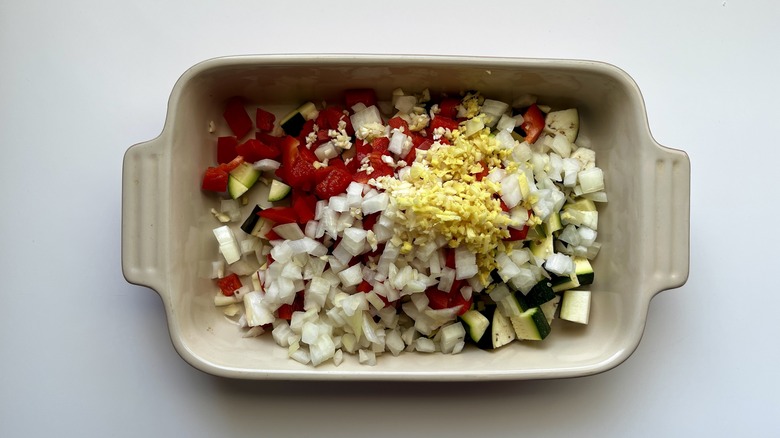 raw vegetables in white pan