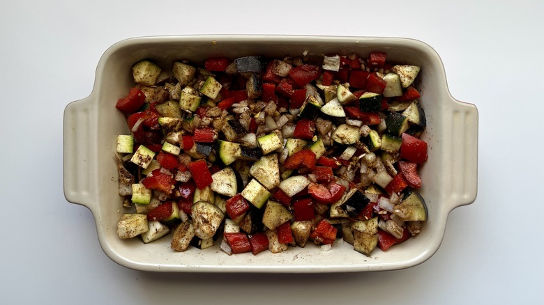 raw vegetables in white pan