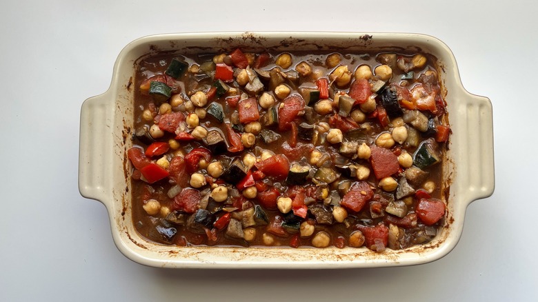 vegetable casserole in white pan