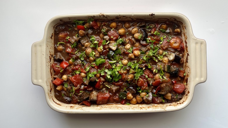 vegetable casserole in white pan