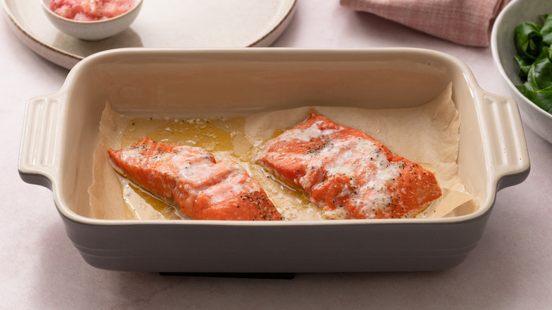 baked salmon in baking dish