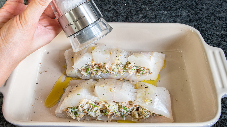 unbaked stuffed haddock in pan