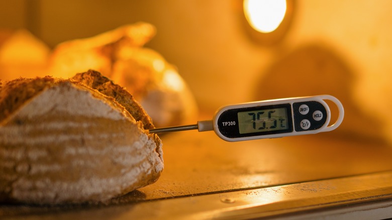 Testing bread with a digital thermometer 