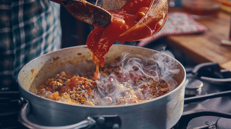 Bolognese sauce in pan