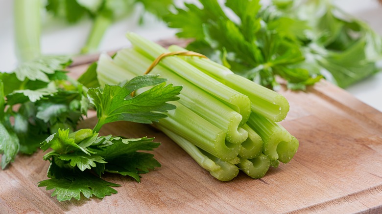 celery slices on cutting board