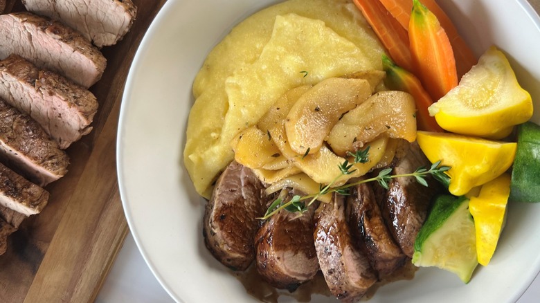 pork and vegetables in bowl