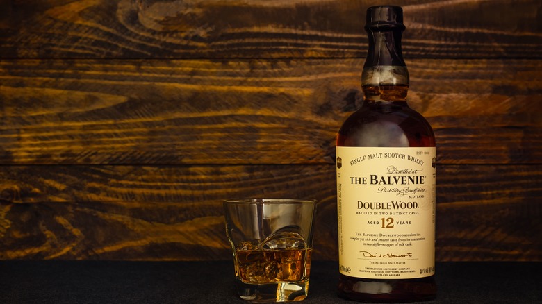 Bottle and glass of Balvenie DoubleWood 12 scotch