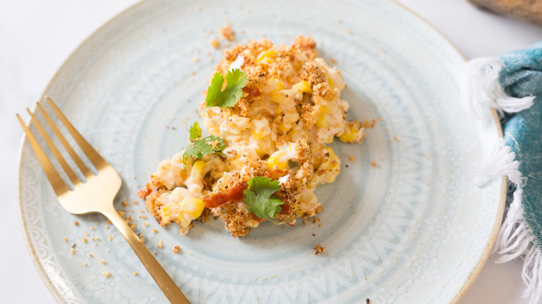 Corn casserole serving on plate