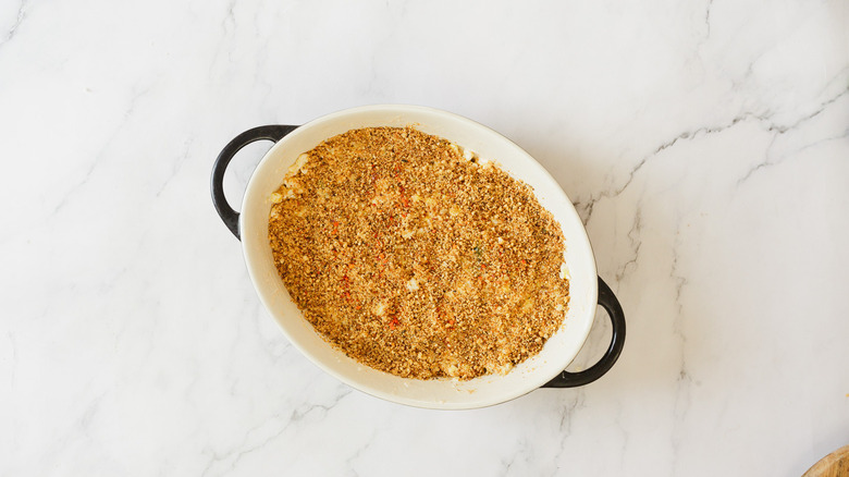 Breadcrumb coated casserole in baking dish