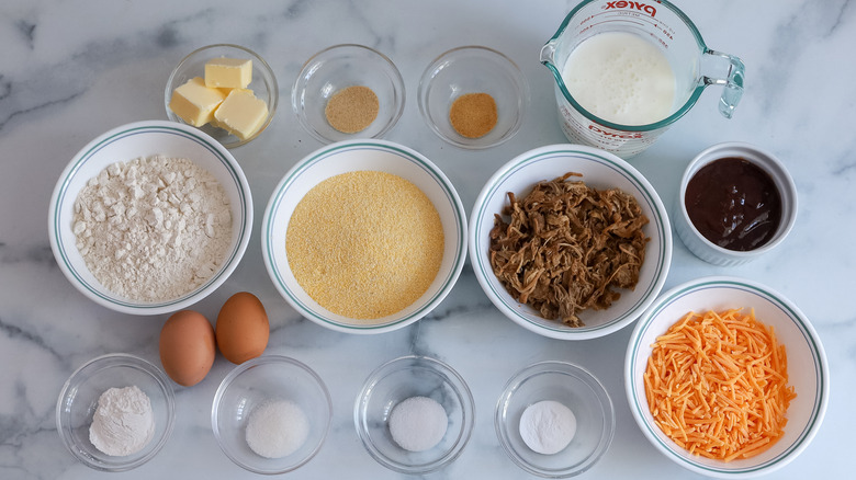 barbecue pork-stuffed cornbread ingredients on counter