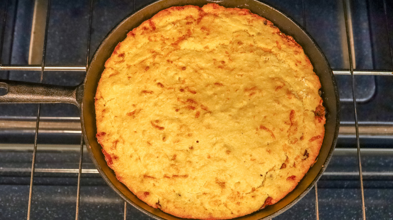 baking barbecue pork-stuffed cornbread in oven