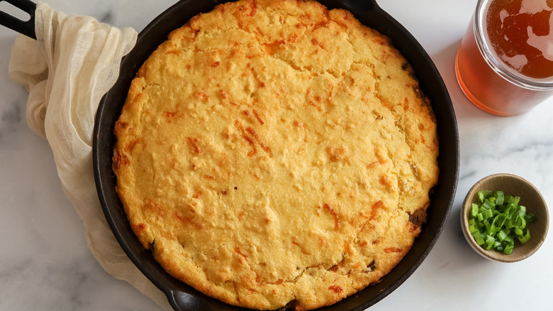 barbecue pork-stuffed cornbread in skillet