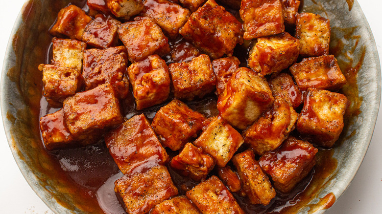 tofu tossed in barbecue sauce