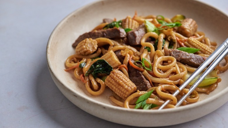 wide bowl of udon noodles 