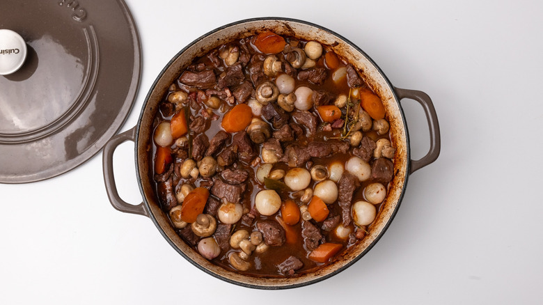 beef bourguignon in pan