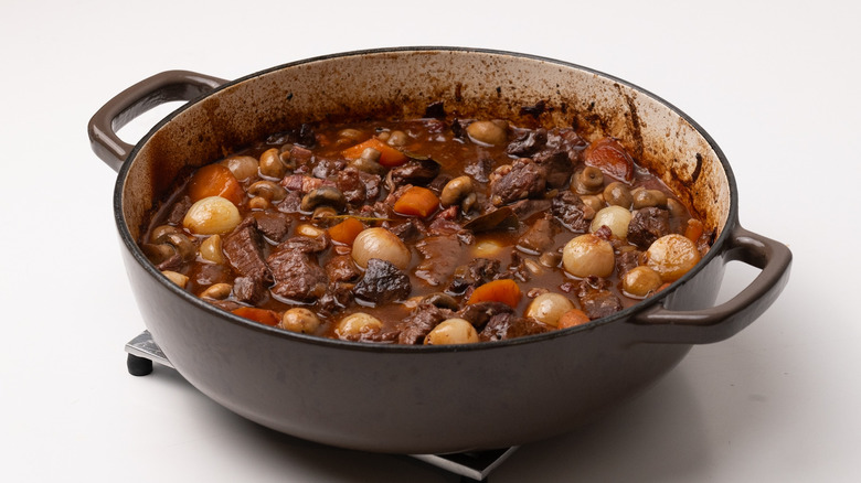 beef bourguignon in a pan